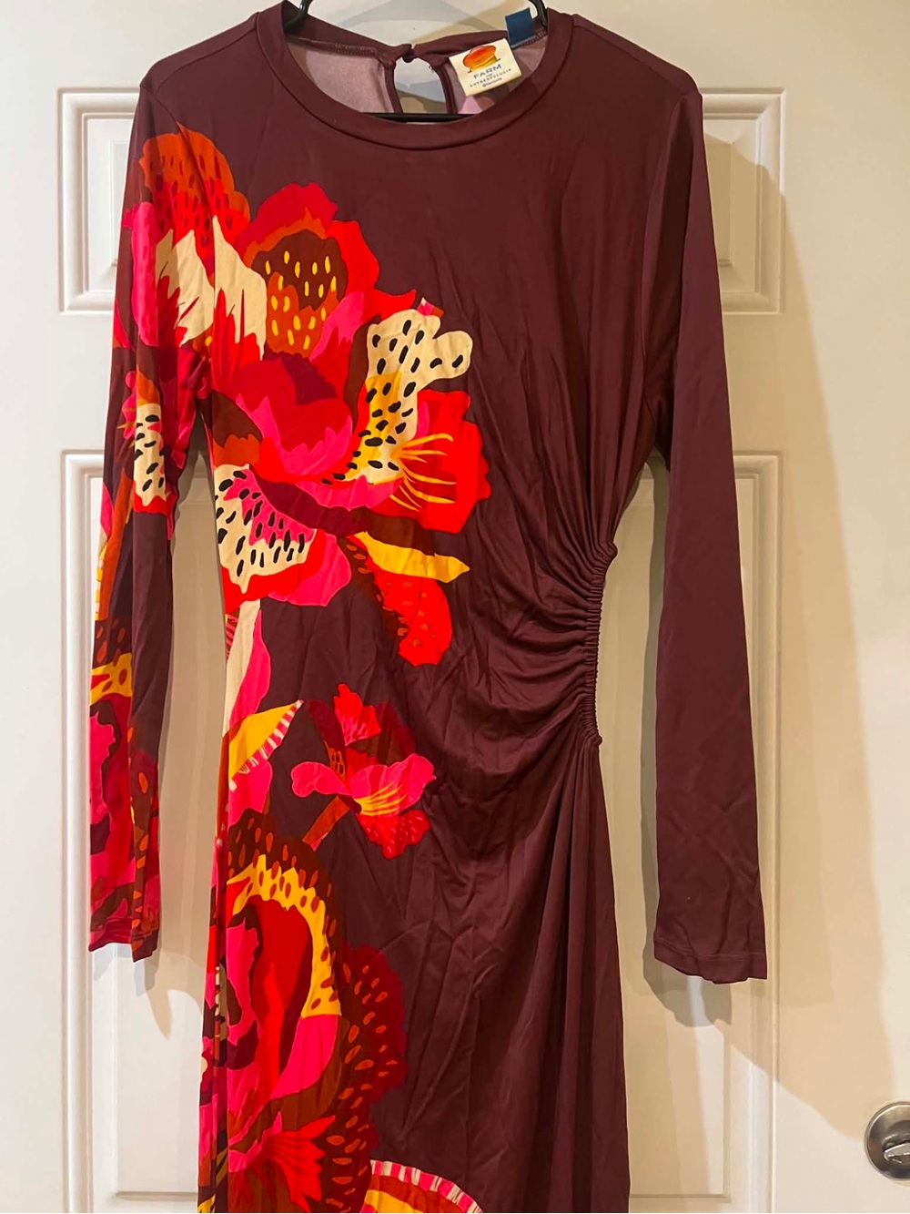 FARM Rio Long-Sleeve Brown Dress with Pink & Red Floral Print Size Medium